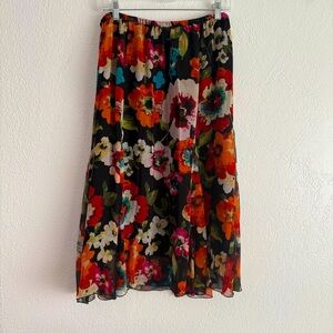 Chico’s Size 2 Lg Silk Skirt Midi Black Floral Multicolor Hawaiian Garden Flowy